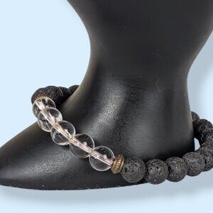 Clear Quartz & Lava Stone Beaded Stretch Bracelet
